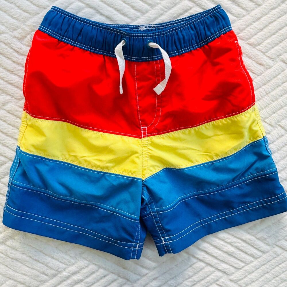Hanna Andersson Boys Size US 4 Red Yellow Blue Swim Trunks Board Shorts Lined